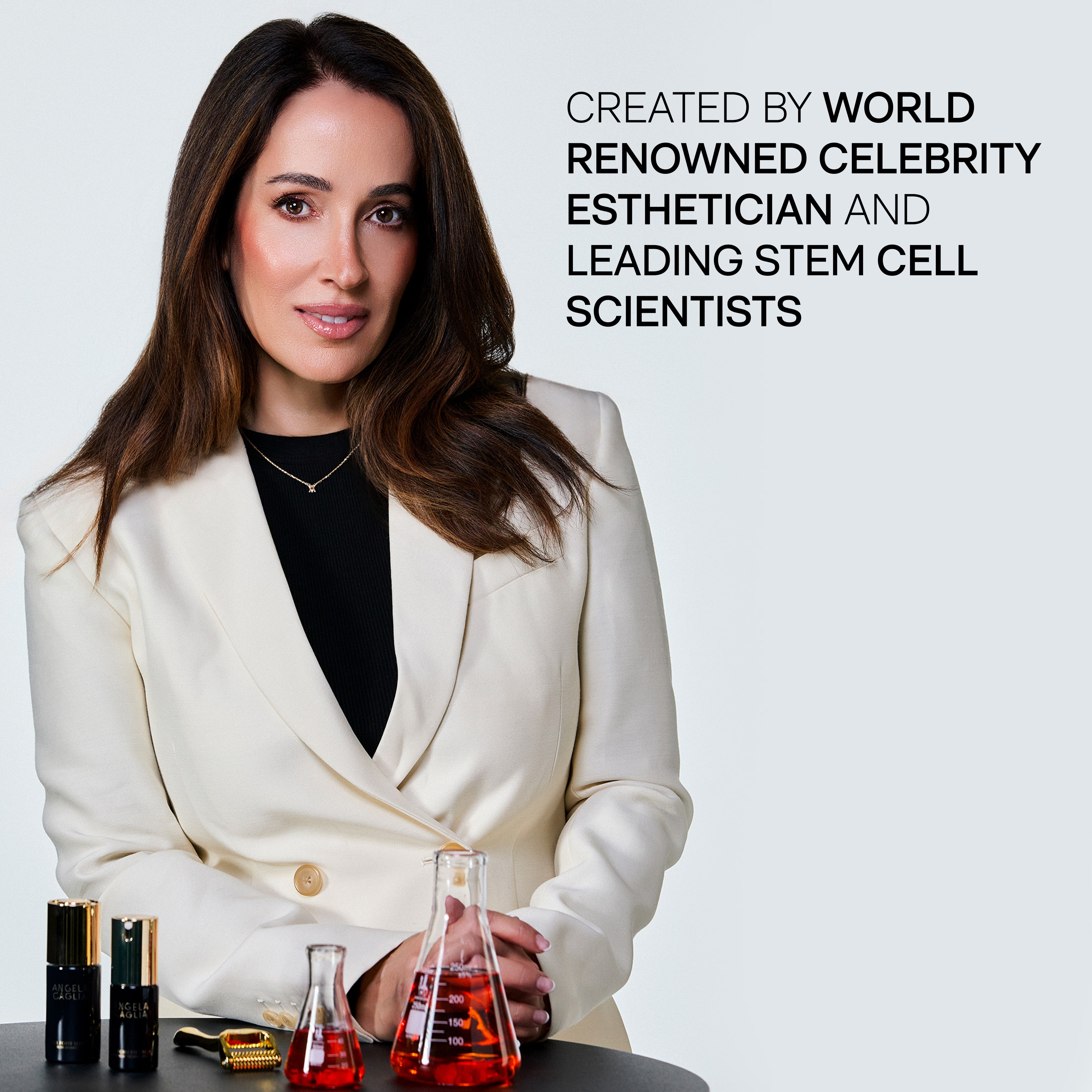 Woman in a white blazer with text about world-renowned celebrity estheticians and leading stem cell scientists.