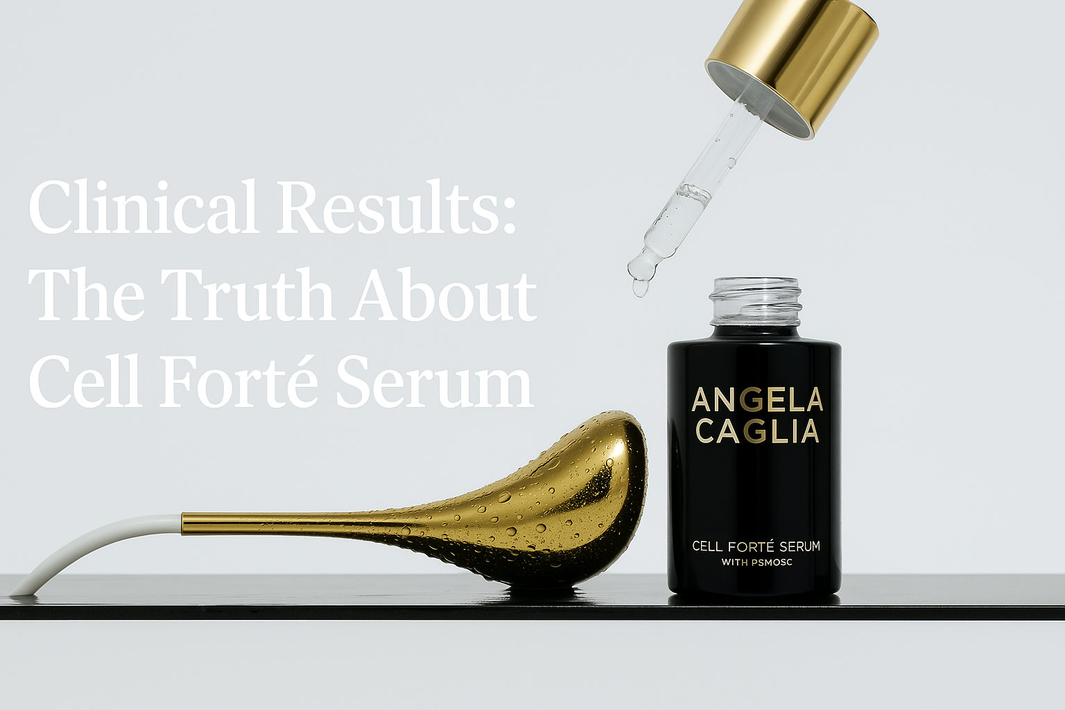Clinical Results: The Truth About Cell Forté Serum — ANGELA CAGLIA, CELL FORTÉ SERUM WITH PSMOSC, gold applicator and dropper.