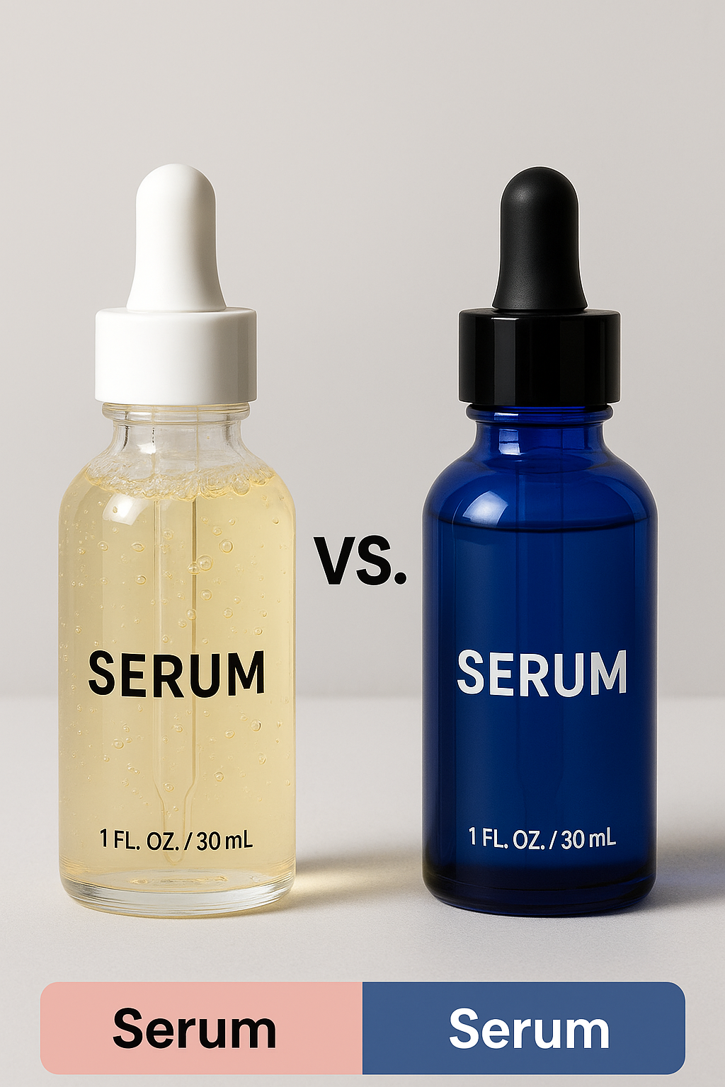 Clear and blue dropper bottles labeled 'SERUM' and '1 FL. OZ. / 30 mL', separated by 'VS.' with bottom 'Serum'.