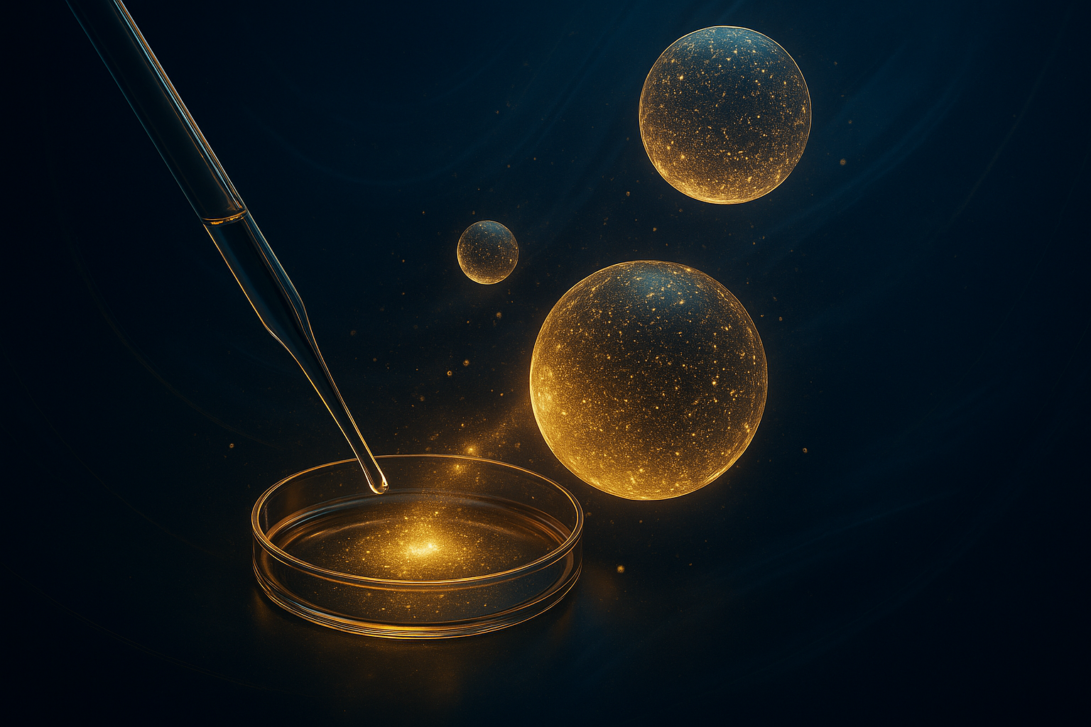 Glass pipette dispensing a glowing golden droplet into a petri dish with three luminous golden spheres floating nearby