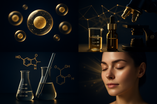 Collage of golden microscopic cells, laboratory glassware and a microscope alongside a woman with glowing skin, evoking scientific skincare research