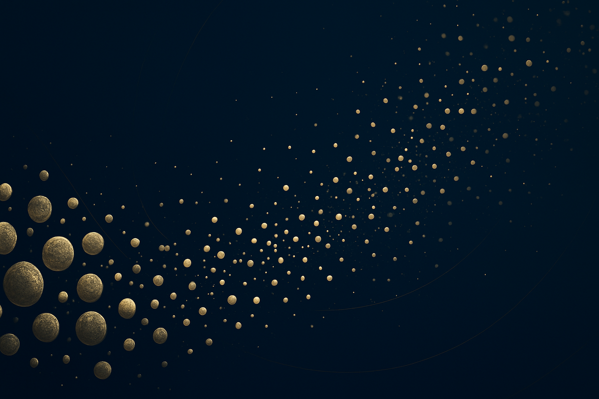 Gold textured spheres forming a diagonal trail from lower-left to upper-right on a deep navy background.