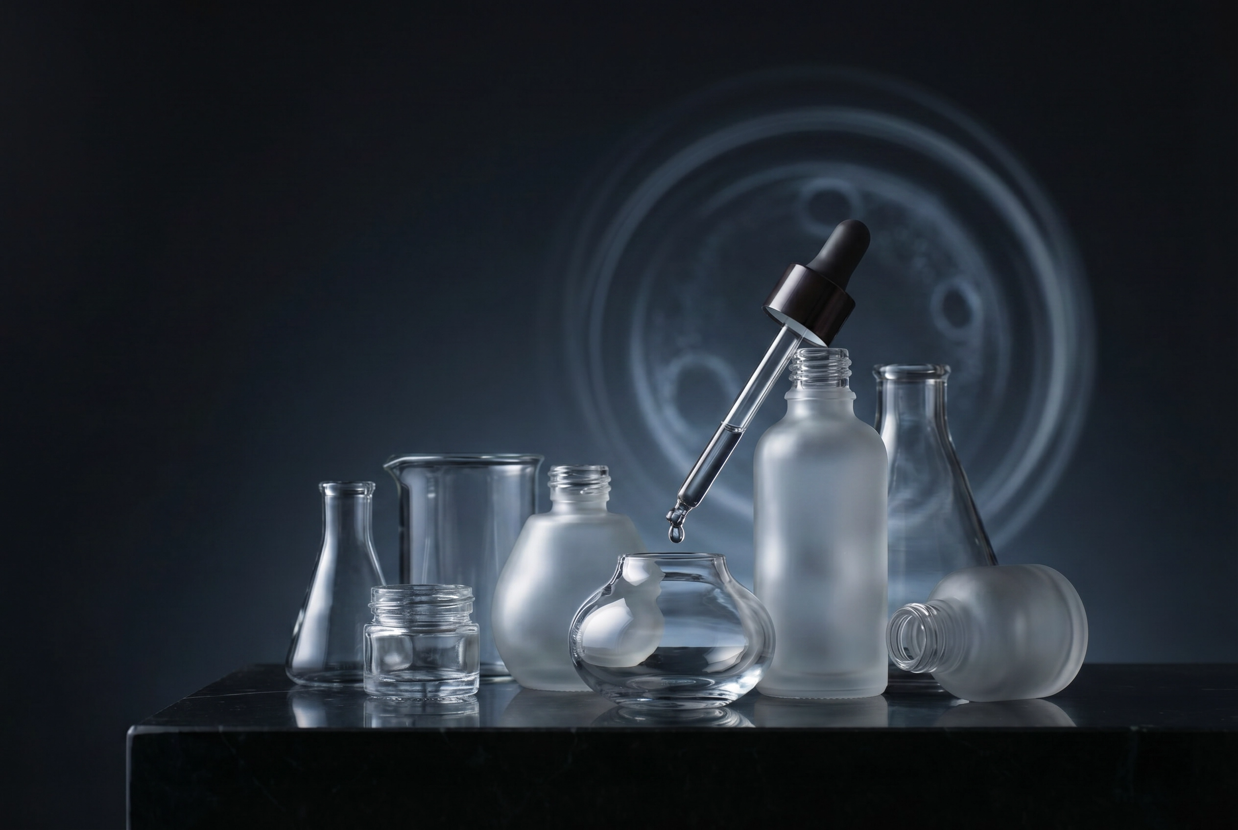 Luxury skincare frosted bottle on dark blue background