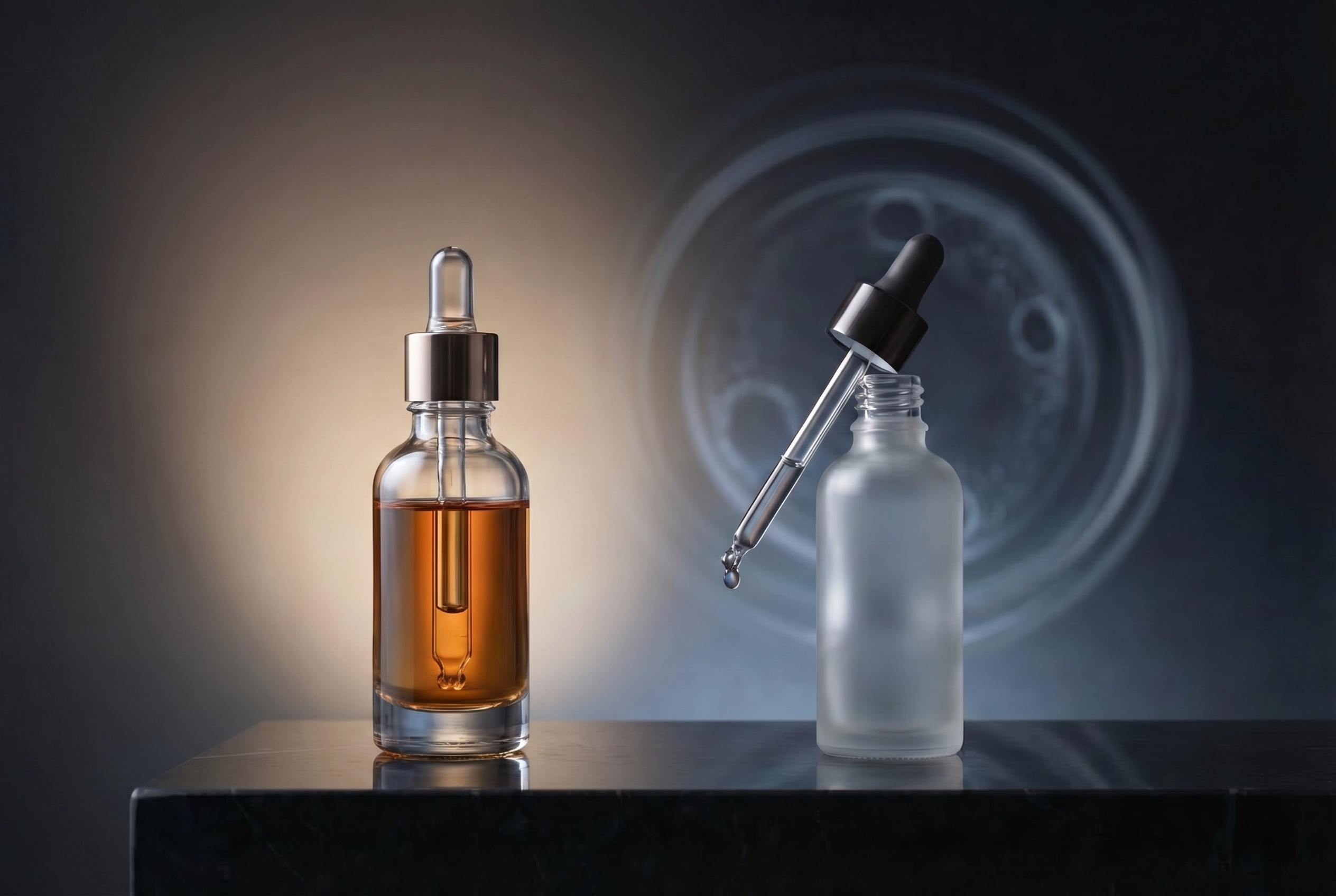 Two serum bottles, one Skinmedica TNS and the other Cell Forte Serum