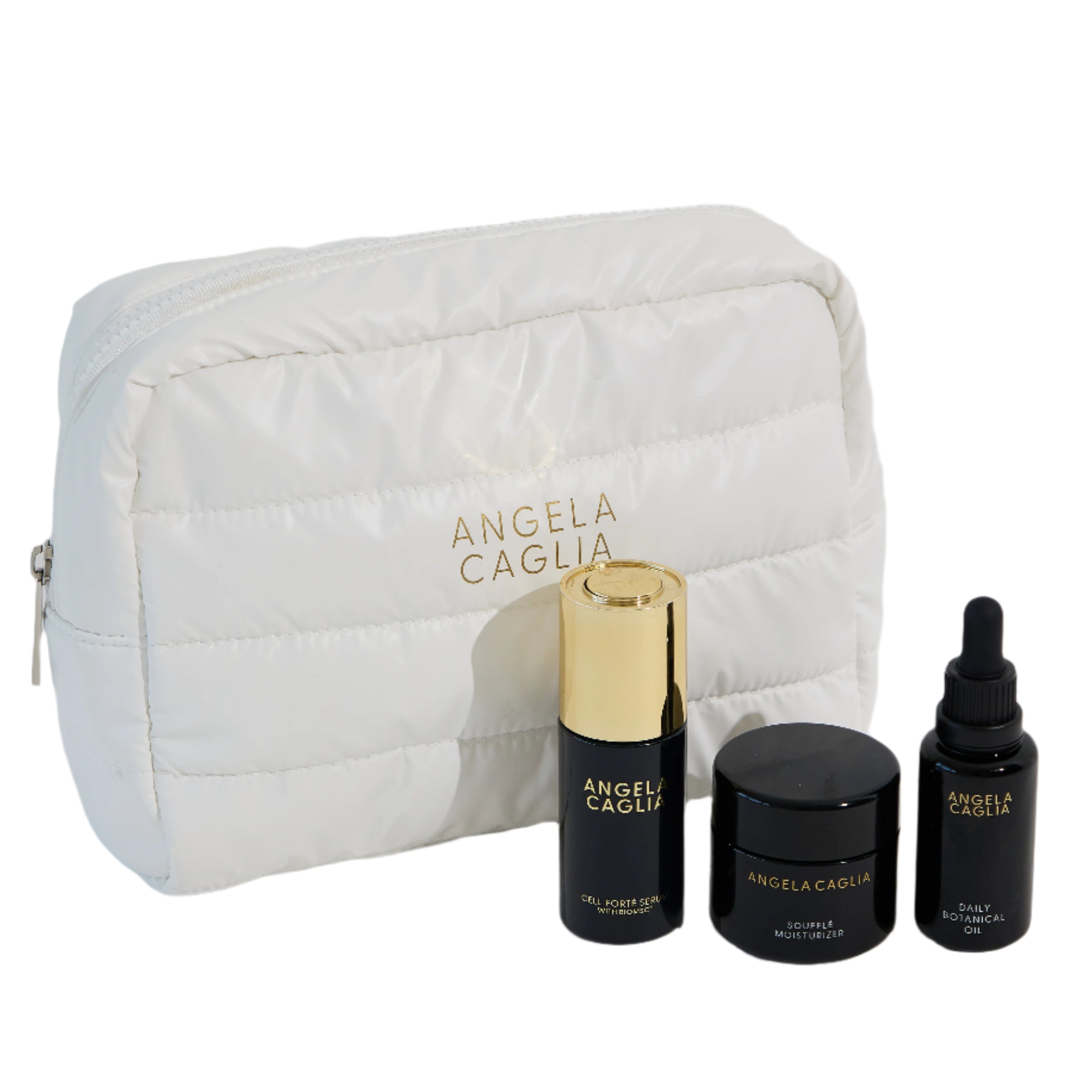 White puffy bag with 3 products