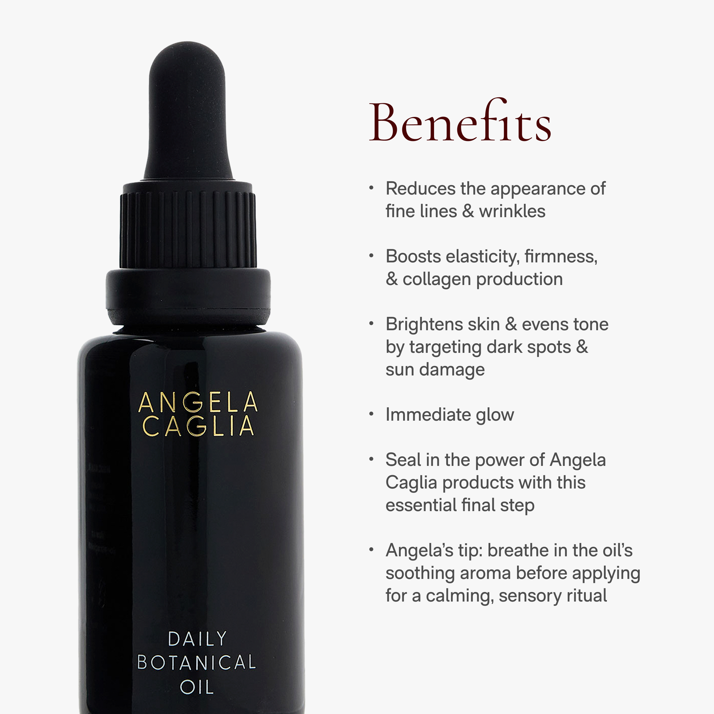 Black bottle with benefits listed in copy alongside.