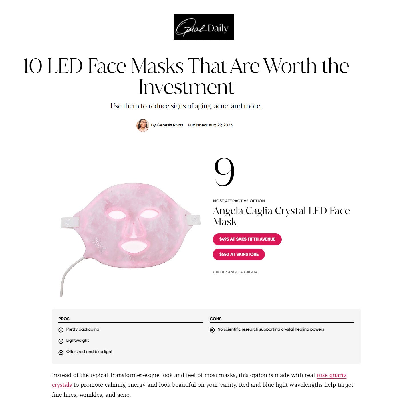 Oprah Daily mention Angela Caglia Crystal LED Mask