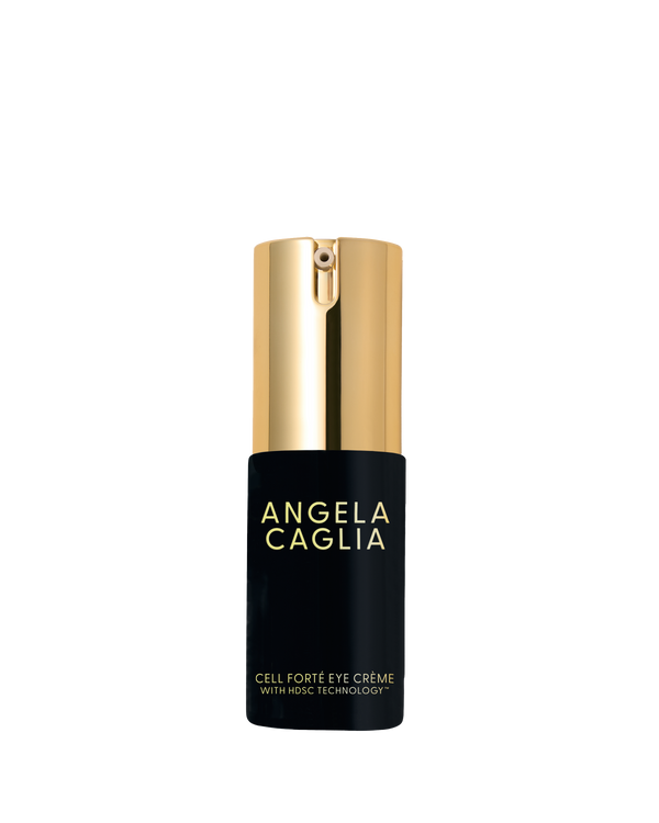 Front view of Cell Forté Eye Crème bottle showcasing gold pump cap and black bottle with Angela Caglia logo on white background