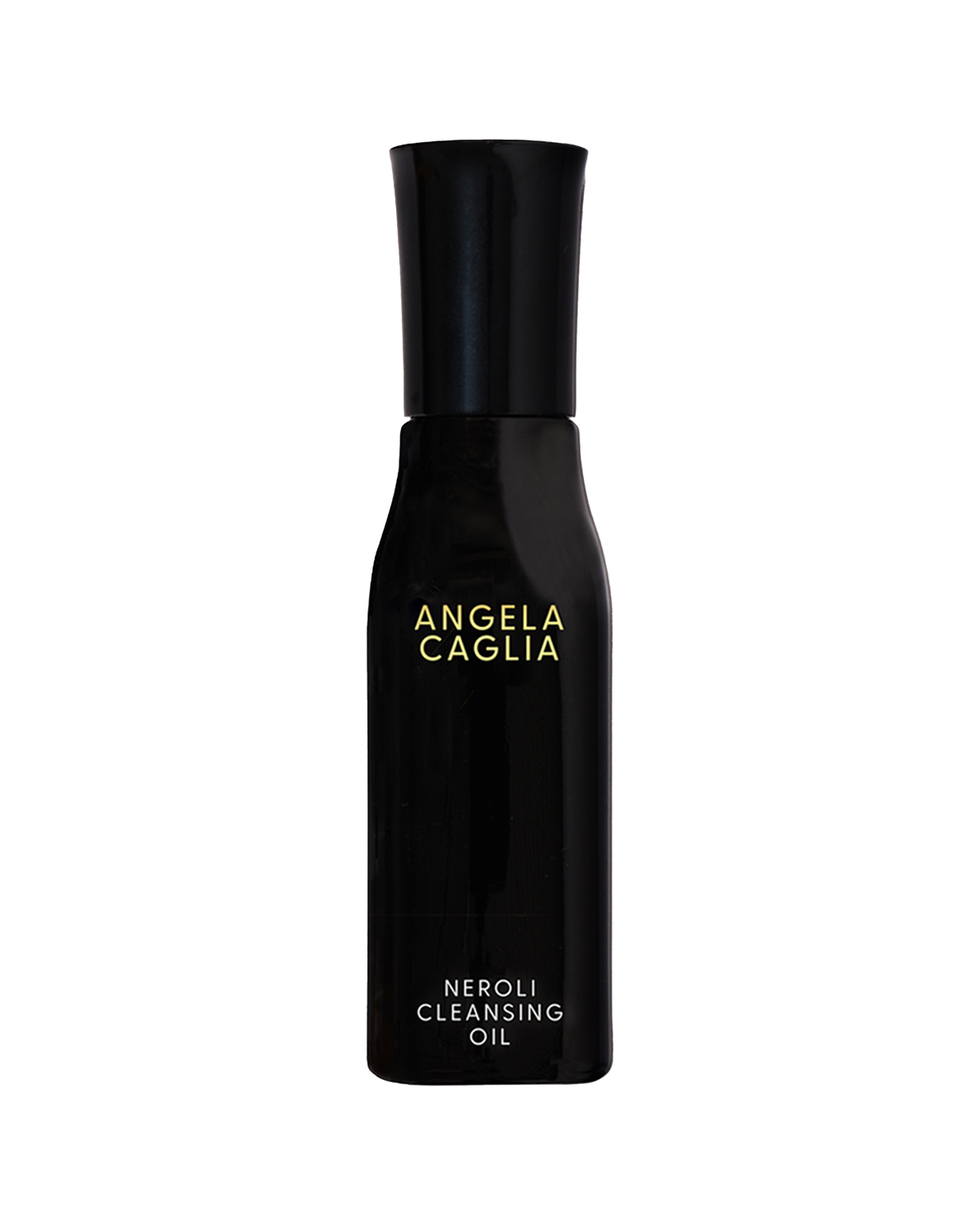 Front view of Neroli Cleansing Oil bottle showcasing glossy black bottle with gold Angela Caglia logo on white background