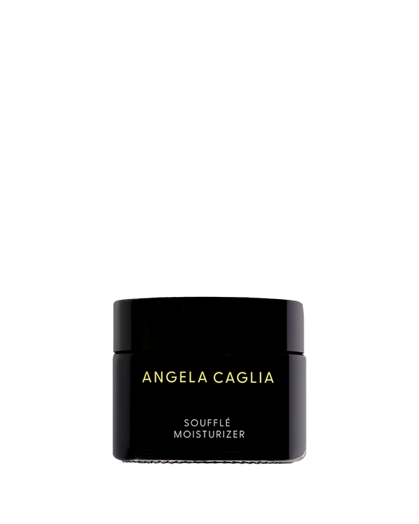 Front view of Soufflé Moisturizer jar showcasing black round jar with gold ANGELA CAGLIA branding and white SOUFFLÉ MOISTURIZER label on black background